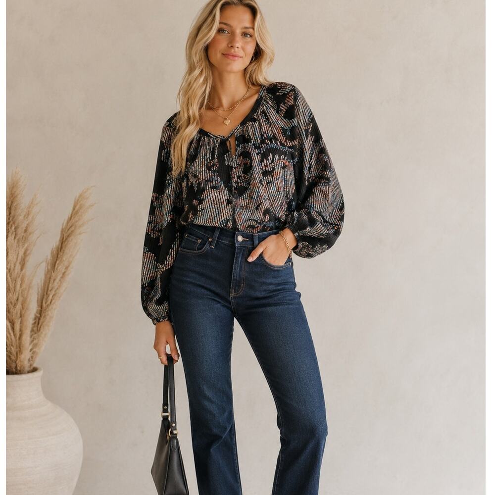 Maeve Anthropologie Black Striped Paisley Print Boho Long Sleeve Blouse XS Shirt